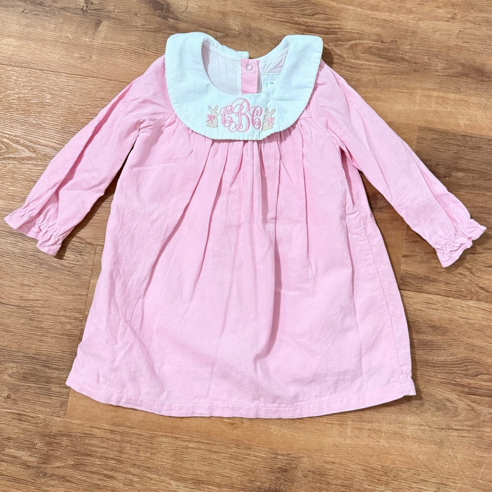Pink Long Sleeve “cBc” monogrammed Easter Bunny Dress with Embroidered Collar 2T